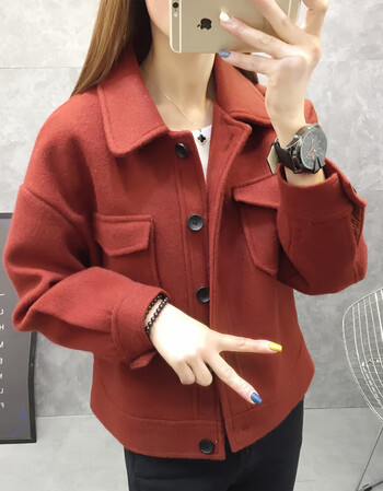 外套女2019春装新款韩版宽松短款小个子短外套女春秋百搭呢子 棕红色