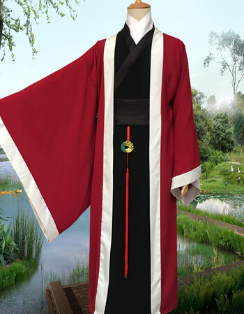 交领长袍白色中国风学生唐朝公子写真重回古风 酒红色外袍黑色内袍 m