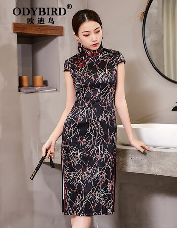 欧迪鸟(odybird)品牌女装真丝旗袍女2019春款新式改良版中长款日常