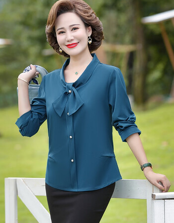 欧之裳t恤女长袖2022新款韩版宽松大码中老年女装妈妈圆领飘带上衣