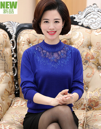 【2019春上新】年轻妈妈冬针织长袖蕾丝打底中年女装半高领毛衣羊绒