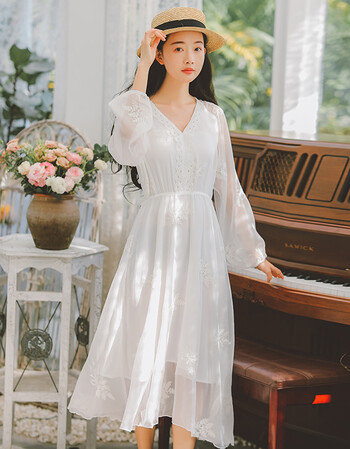 长袖超仙雪纺连衣裙女春装2019新款学生小清新森系仙女长裙子c 白色 s