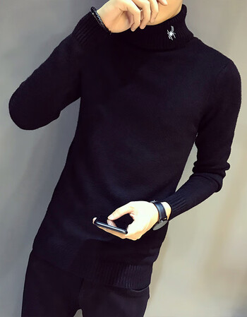 红高领刺绣毛衣男韩版潮流修身精神社会小伙长领针织衫男士紧身 黑色