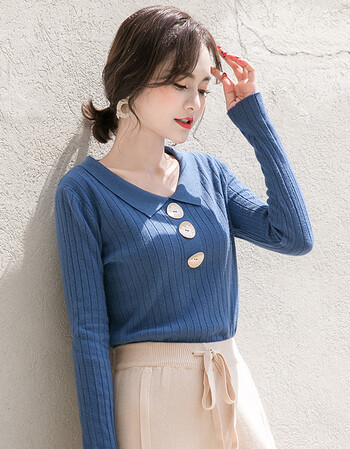 早秋针织衫女薄款2018长袖娃娃领套头韩版修身秋装新款毛衣女 蓝色 l