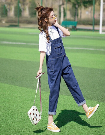 雪沐蓉 泫雅风牛仔背带裤女2020年春秋季直通韩版背带裤可爱复古显瘦