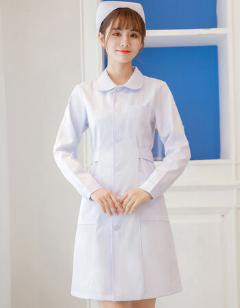 护士服中长款女秋冬长袖白大褂夏款短袖修身医院医护工作服 娃娃领
