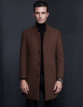amizi品牌2017冬季新款冬季呢子大衣男中长款修身立领羊毛风衣外套