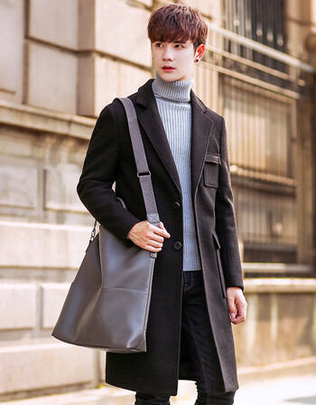 秋冬男士韩版中长款风衣后腰带立体多口袋毛呢外套男 黑色 m