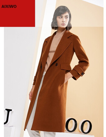 新款翻领手缝双面羊毛呢大衣中长款口袋连腰带双排扣外套 浅焦糖色 l