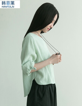 棉麻女装2018春文艺简约拼接五分袖抽绳小衫恤女# 薄荷绿 f