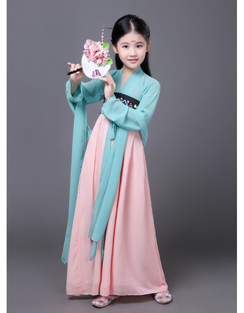 新款女童古装 古典齐胸襦裙唐朝贵妃表演演出服装儿童仙女裙汉服 青色