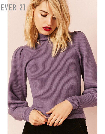 短款小高领灯笼长袖针织衫 灰薰衣草色 m