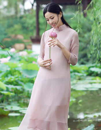 设计师原创雪纺绉精品素衣茶人服 复古斜襟盘扣旗袍