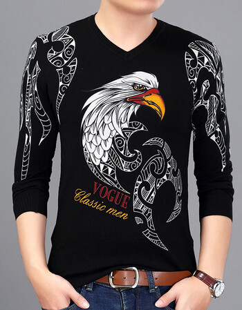 秋冬男装毛衣薄款针织衫印花圆领潮流打底衫 8076字母鹰头 180/xxl