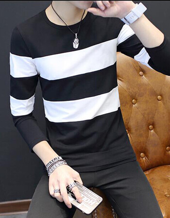 圆领套头短袖t恤男上衣打底大高中学男生个性夏季新款大条纹 长袖黑色