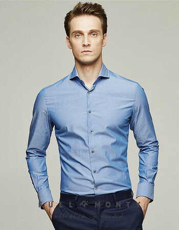 full monty蓝色经典温莎领衬衫男士长袖商务免烫修身衬衣纯色正装