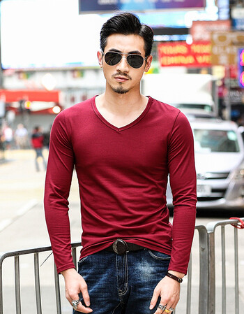 纯色男长袖时尚领棉t恤胖哥哥加大码打底衫外穿上衣 酒红色 l