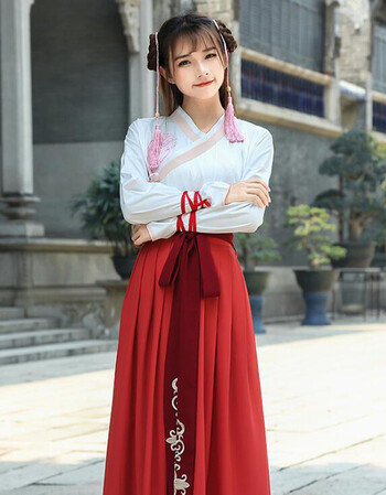 浅末武侠风古装改良汉服女装枣红色鱼鳞绣花交