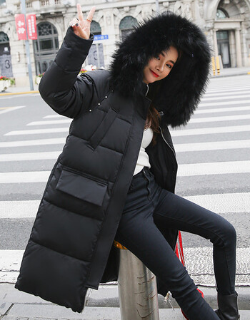 棉服街头连帽2018年冬季长袖中长款直筒带毛领舒适宽松黑色大棉袄