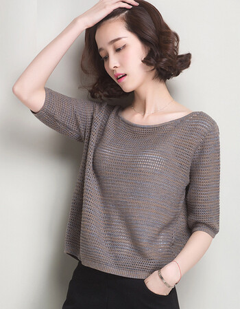 2017新款装镂空薄款针织衫女 套头款罩衫宽松上衣中袖t恤 驼色 m