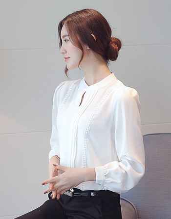 2017秋装新款v领修身衬衫女长袖雪纺衫衬衣 白色 s