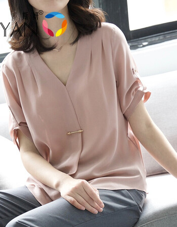 斯妍2017夏装v领纯色短袖桑蚕丝t恤 百搭ol打底真丝衬衫女 粉色 m