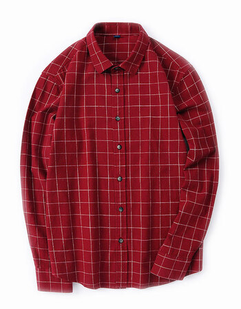 新款日系衬衫男磨毛小格子长袖格子衬衣修身休闲潮上衣sn4017 酒红色