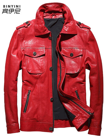 yini)品牌机车皮衣男皮夹克修身韩版帅气翻领羊皮海宁青年外套 红色