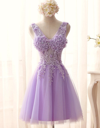 紫色蕾丝深v领透视花朵新娘短款婚纱敬酒服伴娘小礼服 紫罗兰 xxl