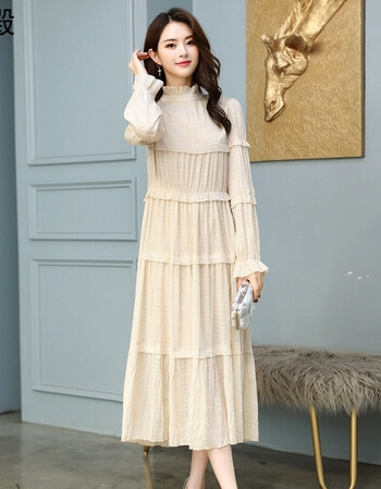 2018春季新款女装韩版长款过膝百褶裙长袖内搭打底显瘦连衣裙裙子
