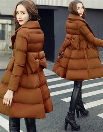 2017冬季新款棉衣女 韩版时尚蝴蝶结修身棉服 中长款女装外套 焦糖 s