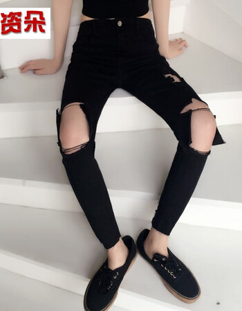 热销夏季韩版百搭修身显瘦破洞乞丐裤女高腰弹力黑色牛仔小脚裤九分裤