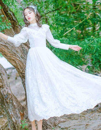 2017秋装新宫廷复古白色蕾丝绣花连衣裙修身显瘦大摆礼服长裙仙气
