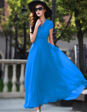 夏季新款气质优雅修身显瘦波西米亚大码女装雪纺大摆连衣长裙 天蓝色