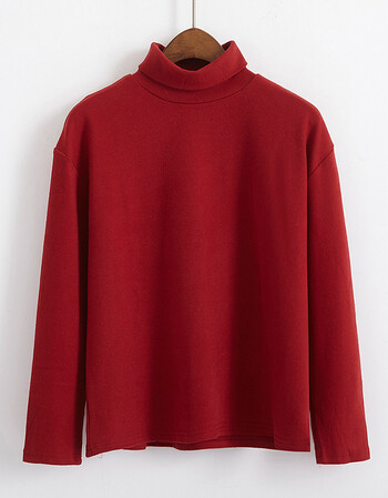 女装韩版加厚保暖高领复古纯色长袖套头t恤上衣学生打底衫潮 酒红色