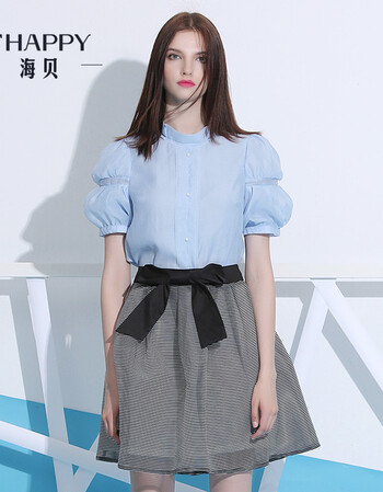 海贝衬衫女2016新款 立领泡泡袖女装衬衫女雪纺 蓝色 M