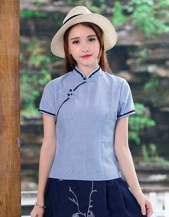 子牧2016夏装新款民国风短袖衬衫女文艺唐装复古盘扣修身旗袍上衣9859