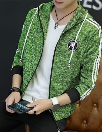 旗舰店春秋青年男士夹克衫休闲男连帽外套潮男修身外衣日系上衣 绿色