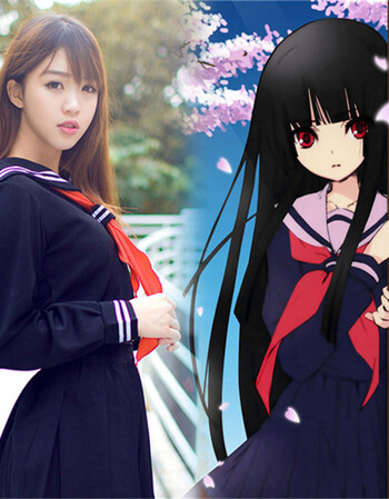 
                                                            茗门卡淇 COSPLAY地狱少女 阎魔爱裙子校服水手服红领巾学生装 336黑色上衣+黑裙子+红领带+黑色白条纹袜210 L                