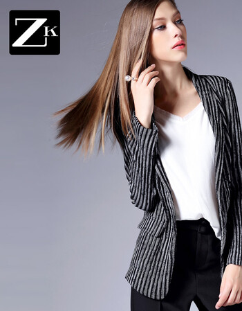 ZK Girl欧美女装 2016春装装新款条纹小西装女 豹纹休闲小西服通勤OL职业装 灰色 M