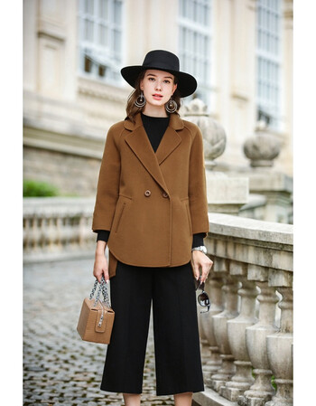 海宁焦糖色双面呢羊绒大衣秋冬女中长款宽松小个子羊毛呢外套 驼色 l