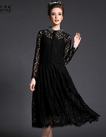 卡佛妮2015秋蕾丝长裙大码女装胖妹妹欧美两件套长袖连衣裙 黑色 xl