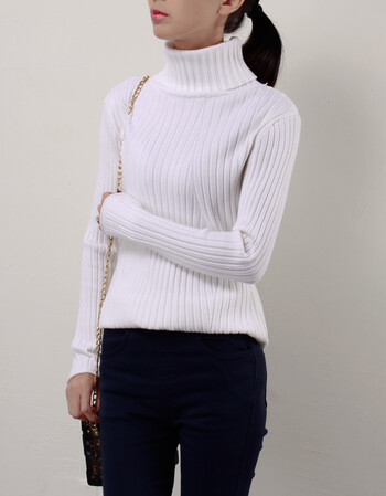 驰白服装卷边高领毛衣女套头2017秋冬新款短款堆堆领针织衫长袖紧身