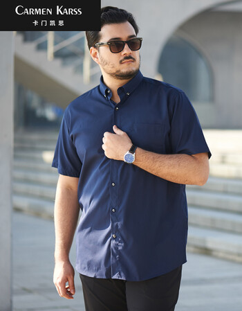 卡门凯思大码男装 短袖衬衫男 胖子加肥加大纯色衬衫男肥佬宽松休闲