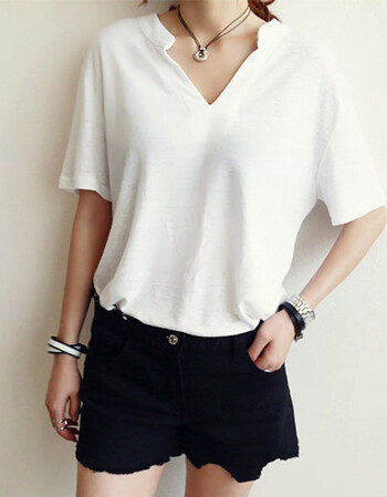 宽松短袖上衣女夏2018新款韩版体恤大领口白女t恤v领纯色小衫 白色 s