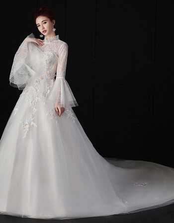 古莱登彩色婚纱礼服新娘2017新款秋冬季韩式立领拖尾齐地宫廷长袖蓬蓬