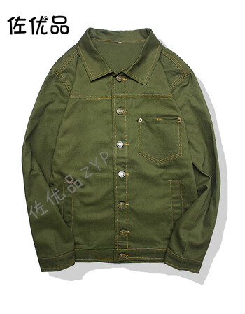 型男装牛仔夹克韩版潮牛仔衣青少年男士牛仔夹克衫男外套上衣 军绿色