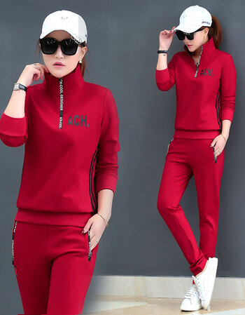 运动套装女春秋2018新款时尚休闲两件套修身显瘦立领卫衣女装 红色 l