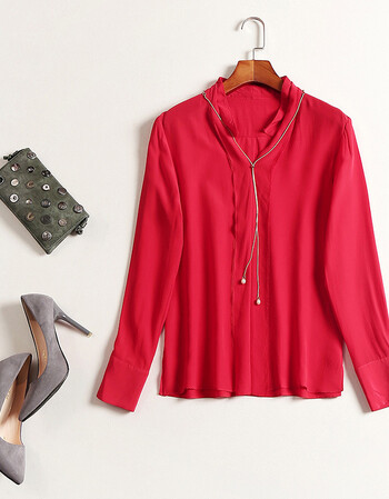 ningkou2018春季新品女装 真丝衬衫女欧美纯色长袖桑蚕丝上衣 红色 m