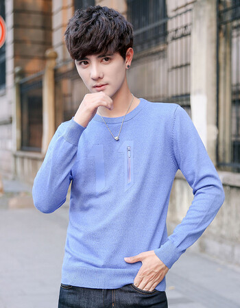 男装韩版针织衫长袖套头上衣男数字长袖t恤男百搭毛衣 浅蓝色 xxl